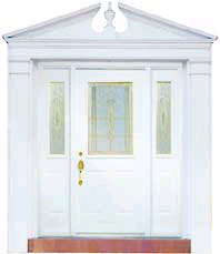 White entry door system with sidelights and decorative glass
